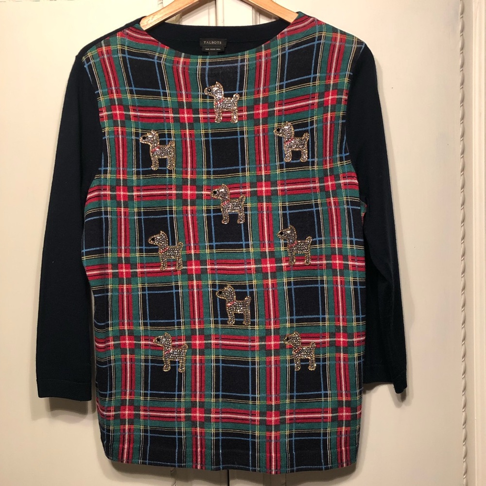 Talbots Plaid Scottish Terrier Sweater Size L